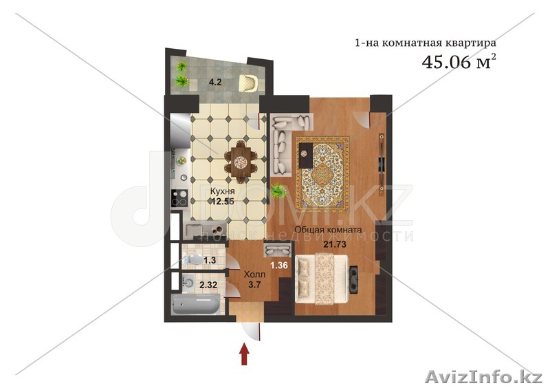Продам однокомнатную квартиру в ЖК Арыстан 45 кв.м. - Изображение #1, Объявление #1076472